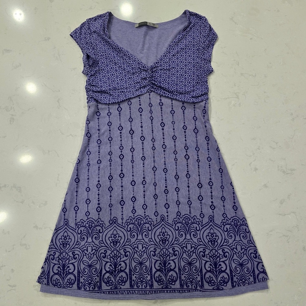 Athleta Purple Medallion Print Ruched V-Neck Cap Sleeve A-Line Dress MP 903727